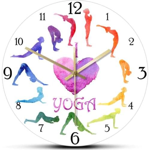 I Love Yoga Watercolor Yogi Silhouettes Girl Room Wall Clock Yoga Exercise Sun Salutation Surya Namaskara Colorful Printed Clock