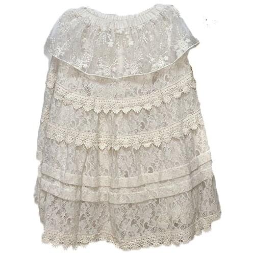 Japanese Mori Girl Vintage Lolita Ethnic Retro Bohemian Hippie Boho Embroidery Crochet White Lace Patchwork Women Elagent Skirt