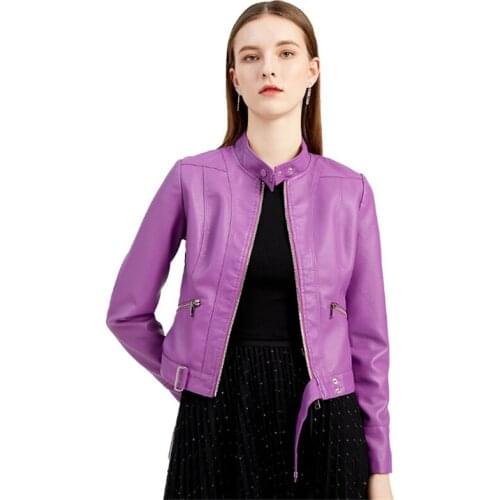 Womens Leather Jacket Plus Size Stand Collar Zipper Black Faux Leather Jacket Slim Style Autumn Female Outwear