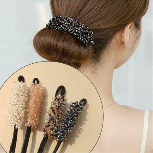 Women Fashion Elegant Hair Bun Maker Rhinestone Beads Magic Hair Curler