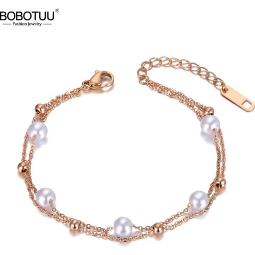 BOBOTUU Fashion Double Layer White Pearl Charm Bracelets For Women Bohemia Stainless Steel Link & Chain Party Bracelet BB20013