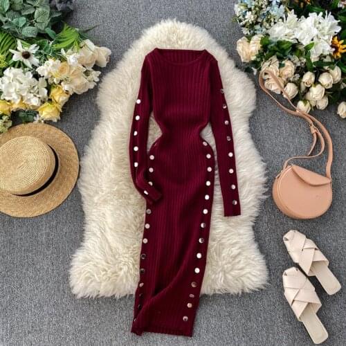 Women Knit Dress Autumn Long Sleeve Simple Solid Slim Bodycon Dress Winter Warm Elastic Sweater Dress with Button DZA342