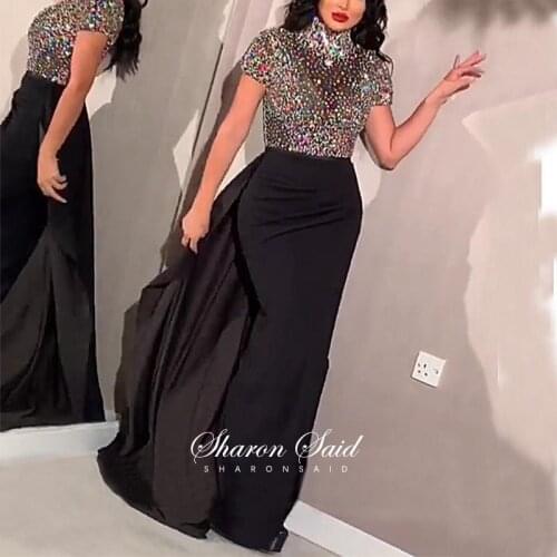 Elegant Black Mermaid Dubai Evening Dress with Overskirt High Neck Beaded Arabic Women Formal Dresses for Wedding Guest Party