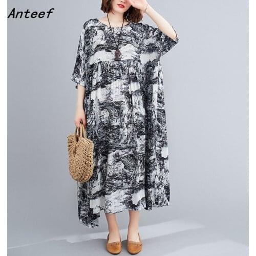 Short sleeve cotton linen vintage floral dresses for women casual loose long woman summer dress elegant clothes 2021
