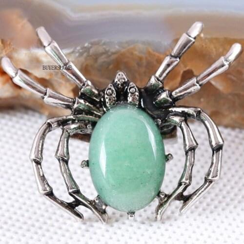 Spider Brooch Natural Stone Green Aventurine CAB Cabochon Bead Pendant for Men Women DIY Jewelry Making 1Pcs K709