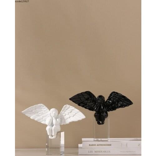European Resin Angel Boy Sculpture Crafts Black and White Figure Figurine with Crystal Base Home Living Room Deco Birthday Gifts