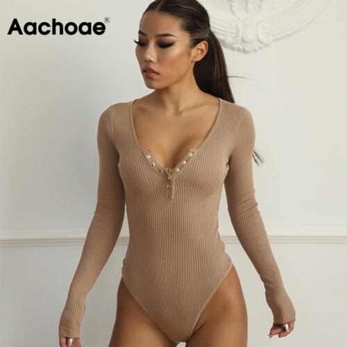 Aachoae Solid Knitted Bodycon Bodysuits Women Long Sleeve Home Jumpsuit Lady Sheath Sexy Body Suit Spring Combinaison Femme