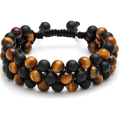 Men Women 8mm Black Matte Hematite Double Row Beaded Bracelet Adjustable Double Layer Handwoven Braided Bracelets For Best Gift