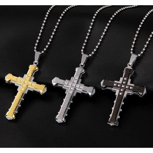 4 Colors Necklace for Men Jesus Crystal Cross Pendant Necklace Gold Silver Black Stainless Steel Necklace Fashion Jewelry