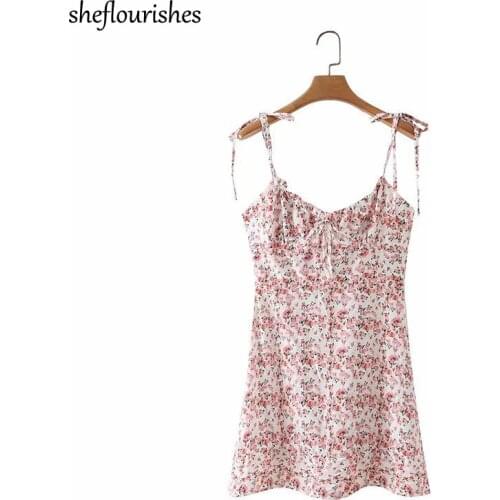 Sexy mini dress kawaii A line dresses women 2021 floral dress korean v neck spaghetti strap dresses pink red ruffle dress cute