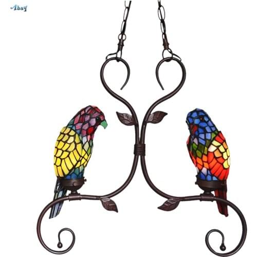 Tiffany Retro Birds Hanging Pendant Lights Living Room Corridor Balcony European Pastoral Color Glass Art Double Head Fixtures