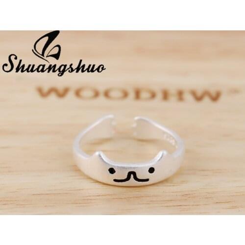 Shuangshuo Lovely Cartoon Kitten Finger Rings Minimalism 925 Sterling Silver Cat Eer Opening Ring for Women Fashion Jewelry Gift