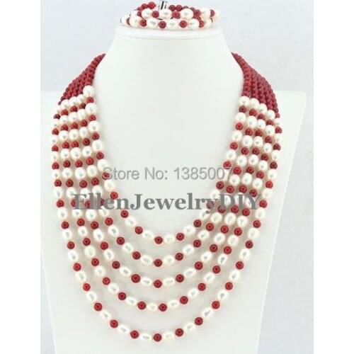 Fetching 6 Rows Freshwater Pearl Jewelry Set Pearl Necklace Wedding Gift Red Coral Necklace Wedding Gift Bridesmaid Necklace
