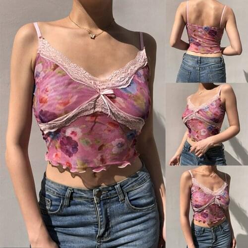 Sexy Mesh Yarn Floral Printed Camisole Women Summer Flounce V-neck Lace Trim Slim Exposed Navel Sling Top for Holiday