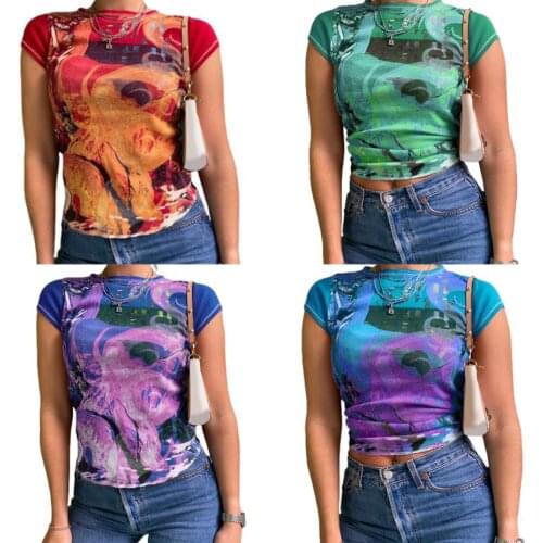 Women Summer Slim-fit CottonT-shirt Adults Women Printed Round Neck Short Sleeve Pullover T shirt Tops