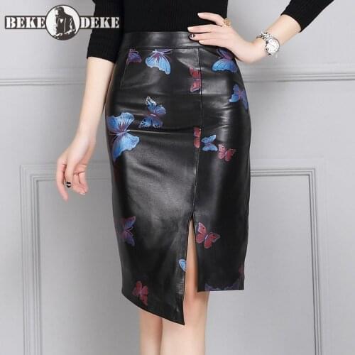 Elegant 100% Genuine Leather Skirt Female Streetwear Sheepskin Wrap Midi Skirt OL Style High Waist Printed Skirt Plus Size 4XL