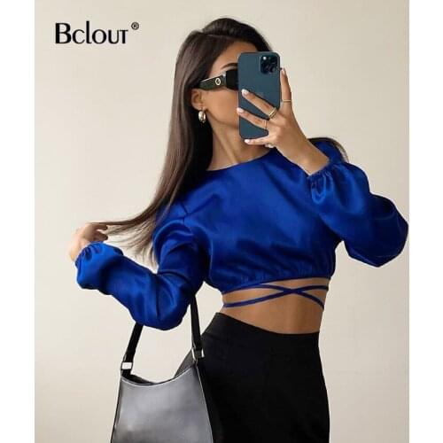 Bclout Sexy Lace-Up Satin Crop Tops Women O Neck Lantern Sleeve Backless Woman Blouses Summer Elegant Solid Party Shirts Ladies