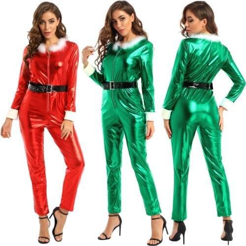 Santa Claus Women Ladies Cosplay Long Sleeves Bodysuit Jumpsuit Christmas Holiday Costume for Christmas Cosplay Party Dress Up