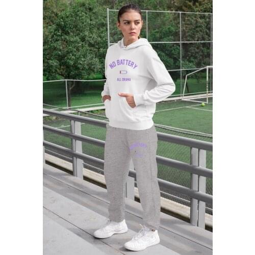 Angemiel Wear No Battery All Drama Women Tracksuit Set White Hooded Sweatshirt Gray Sweatpants