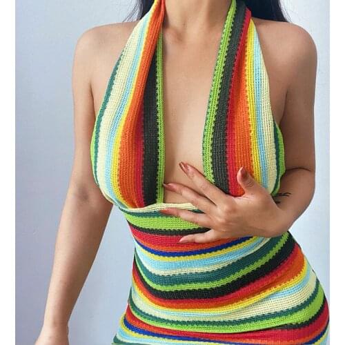 Sexy Hollow Knitted Dress Bodycon Women Bandage Cross Halter Neck Backless Summer Beach Sleeveless Sexy Mini Dresses Y2K 2021