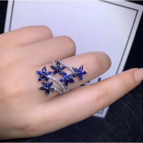 Natural blue sapphire Ring Natural gemstone ring 925 sterling silver trendy Luxurious long Flower women party gift Jewelry