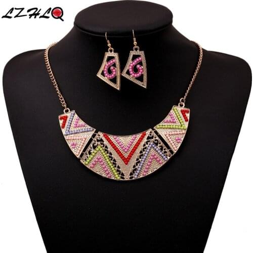 LZHLQ Retro Geometry Bohemian Colourful Beads Choker Statement Necklace Set Women Zinc Alloy Necklaces Pendants Trendy