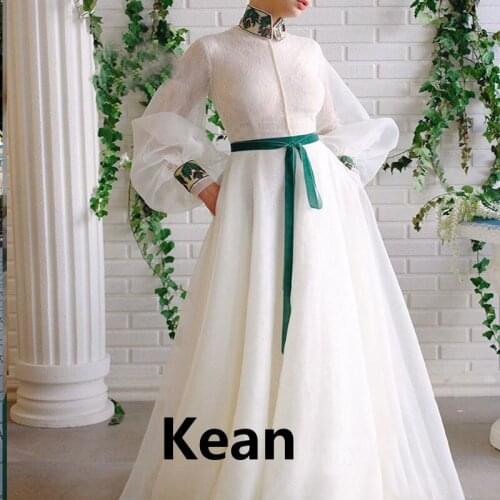 White Ivory Evening Dress Puff Sleeve Handmade Bead Belt Special Occasion robe soiree Islamic Dubai Kaftan Saudi Arabic Prom