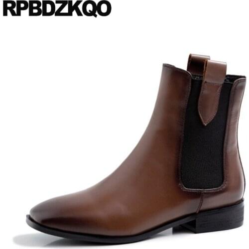 Winter Boots Square Toe Genuine Leather Brown Fur Flat British Designer Shoes Women Luxury 2021 Chelsea European Booties Ankle