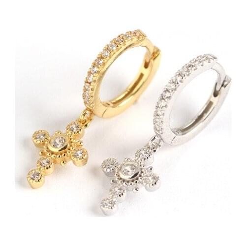 1Pair Piercing 925 Sterling Silver Earrings for Women 2020 Trend Jewelry Diameter 8.5mm Cross Zircon Earrings Gifts for New Year