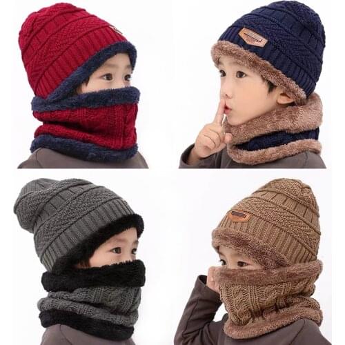 2019 New Winter Children Knitted Hat Ring Scarf Sets Kids Warm Baby Plus Velvet Thick Soft Cap Boys Girls Fleece Lining Beanies