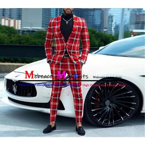 2021 Casual Plaid Mens Suits Classic Formal Business Blazer Wedding Groom Tuxedo 2 Piece Sets Costume Homme (Jacket+Pants)