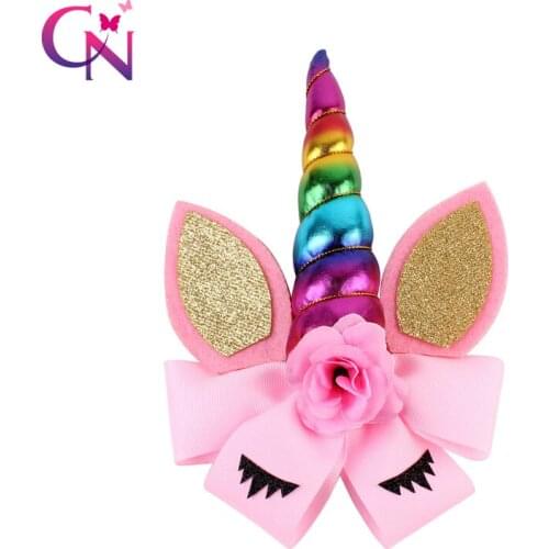 8" Rainbow Unicorn Horn Hair Bow With Clip For Girls Kids Handmade Glitter Cat Ear Bow Hairgrips Unicorn Party Hair Accessories