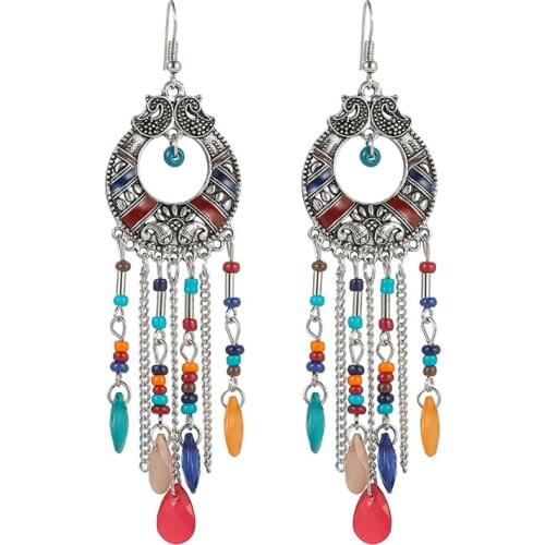 Boho Colorful Beads Chain Tassel Drop Dangle Long Earrings for Women Handmade Geometric Enamel Bohemian Vintage Earrings Jewelry