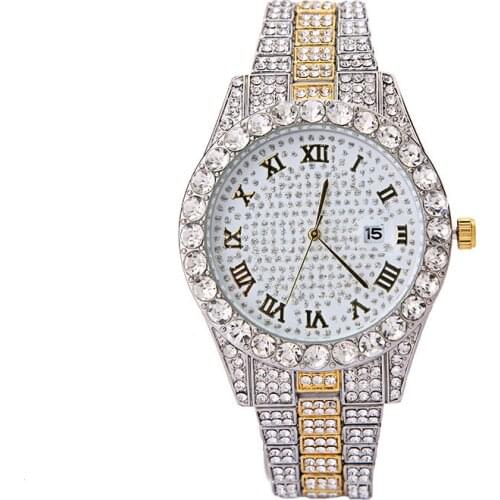 Watch Roman Scale Mens Watch Steel Band Full Sky Single Calendar Full Diamond Womens Watch Quartz Watch High-end Rhinestone