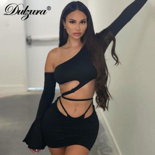 Dulzura 2021 Summer Women Irregular 2 Pieces Long Flare Sleeve Crop Top Hollow Out Mini Skirt Set Streetwear Tracksuit Outfit