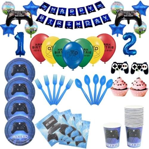 Blue Game On Theme Birthday Party Decoration Napkin Paper Cup Plate Balloon Disposable Tableware Set Baby Shower Party Supplies