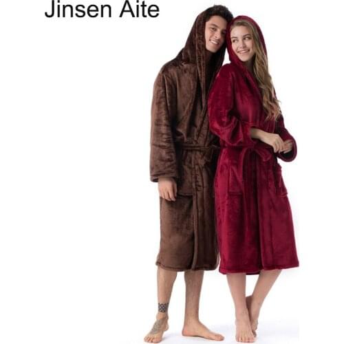 Jinsen Aite 2019 Women Winter Warm Flannel Bathrobe Plus Size hooded Fleece Men Sleepwear Couple Bath Robe Bride Dressing JS849