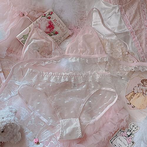 Underwear Set Women Japanese Ultrathin Sexy Transparent Love Teen Girl Lace Net Yarn Pink Bra Set Girl Undies Set
