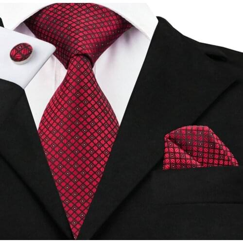 Red Plaids Checks Ties for Men Neckties Handkerchief Cufflinks Set New Designer Wedding Business Casual Party Mens Ties C-704