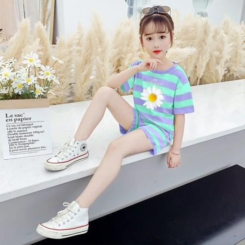 Summer Girls Foreign Style Casual Shorts Two-piece Childrens Striped Short-Sleeved Suit Summer Baby Girl Clothing