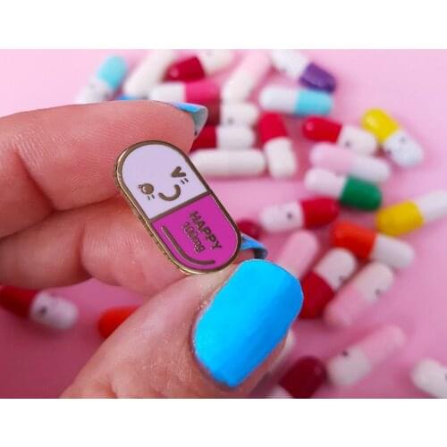 Cute Smiling Face Medicine Enamel Pin Pink Pills Brooch Doctor Nurse Pharmacist Badge Are You Sad? Take A Happy Mini Pill