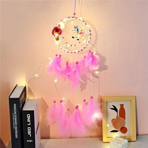 Kawaii room decor sleep catcher accessories for childrens room Girls gifts LED Light Unicorn Dreamcatcher for decoration Wall
