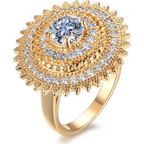 Fashion Sun Flower Rings For Women Luxury Bride Gold Round Geometric Cubic Zircon engagement Rings Wedding Jewelry Party anillos