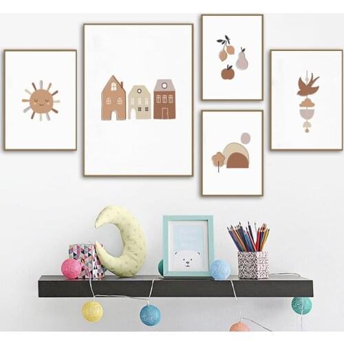 Cartoon Sun Rainbow Canvas Wall Painting House Mountain Posters And Prints Kids Room Wall Art Picture Baby Children Room Decor