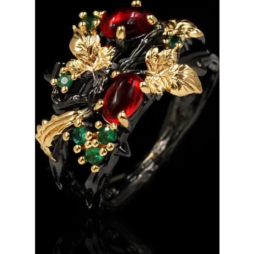 New Exquisite Leaf Flower Color Zircon Ladies Womens Ring Jewelry Black Gold Two-color Red Zircon Ring Ladies Ring
