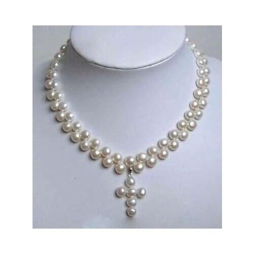 Charming 2 Rows White Akoya Cultured Pearl Cross Pendant Necklace 18">Dongguan girl Store free shipping