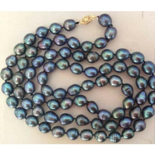Single Strands 9-10mm Tahitian Baroque Black Green Pearl Necklace 32inch
