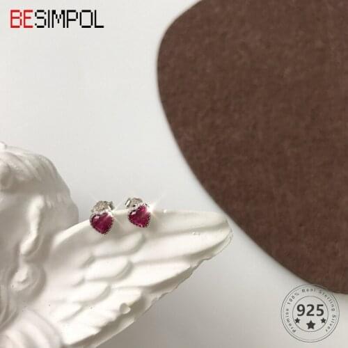 Besimpol Real 925 Sterling Silver Stud Earrings Brilliant Heart Red Small Corundum Ruby Earrings For Women Fashion Fine Jewelry