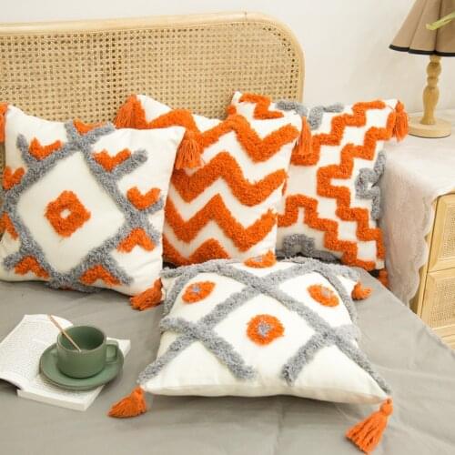 Grey Orange Geometric Embroidery Cushion Cover Tufted Tassels Home Decor Pillow Cover 45x45cm Wave Sofa PillowCase Pillow Sham