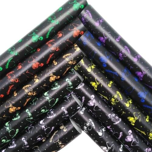 Glitterwishcome Halloween Skeletons Printed Synthetic Leather Faux Fabric Sheets Felt Backing Accessories Bows 21X29CM GM2115A